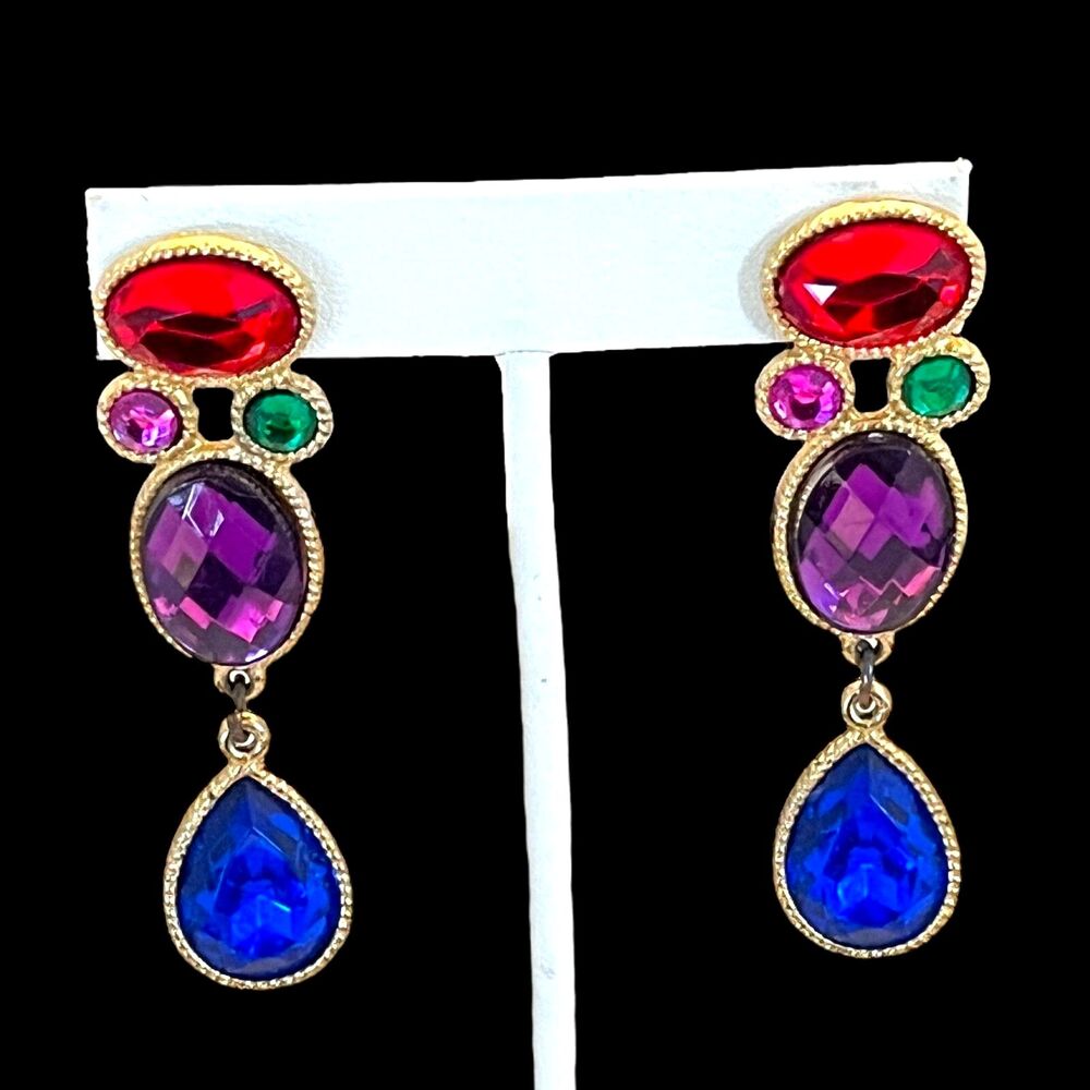 Vintage 1980s Drop Earrings Multicolor Faceted Glass Gold Tone - 9M